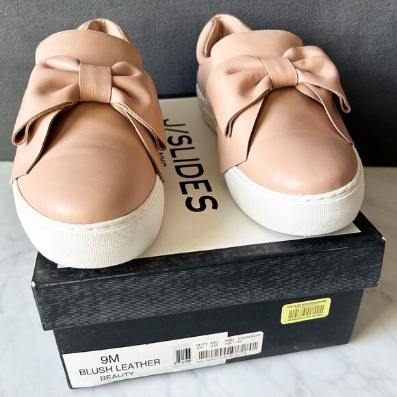 J/Slides Blush Pink Leather Beauty Bow Sneakers Slip On Platform-Women's Size 9 - Picture 2 of 8